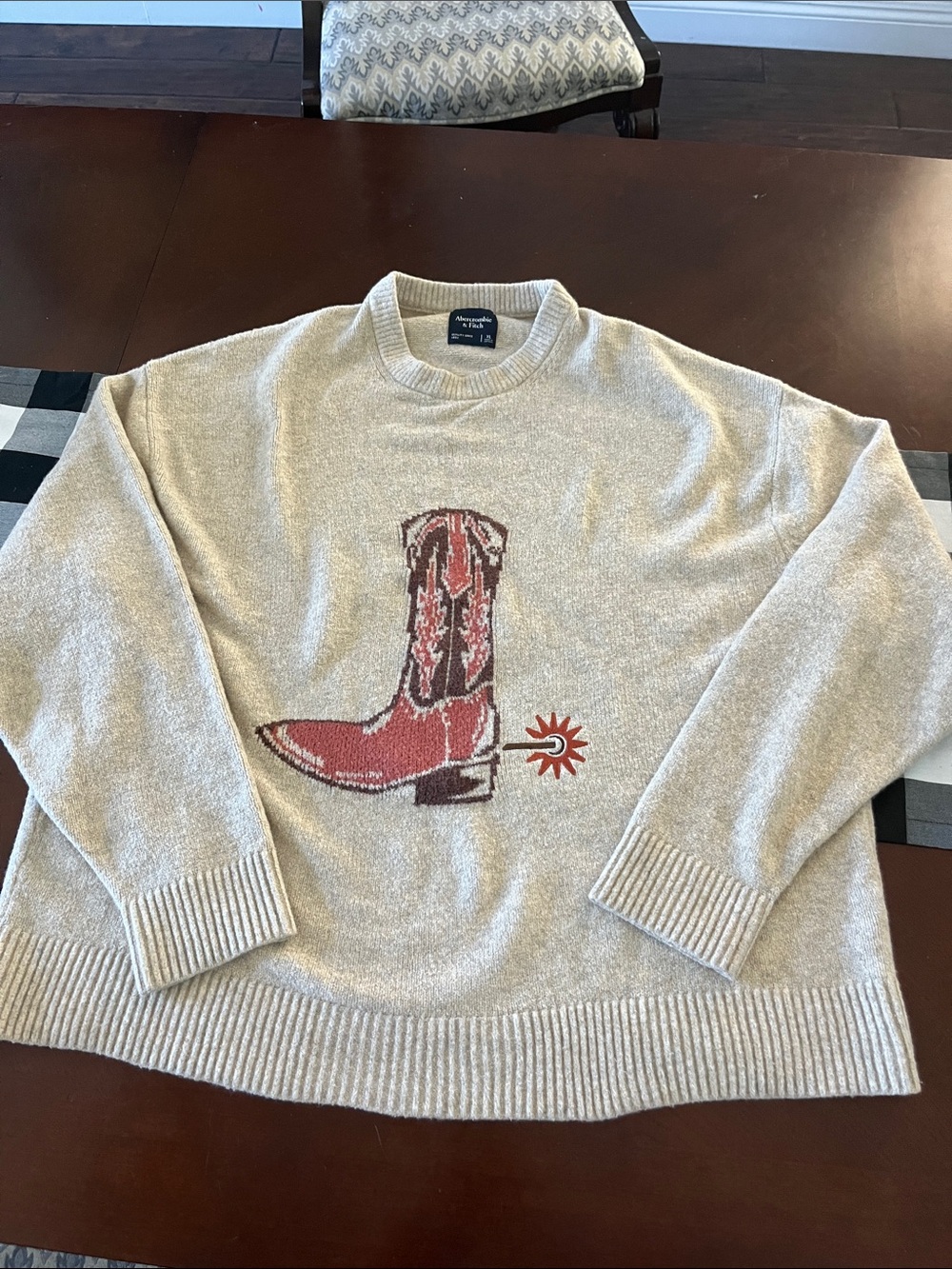 Abercrombie & Fitch Beige Crewneck Sweater with Rust Cowboy Boot Graphic